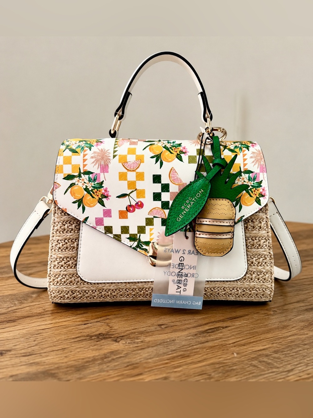 BCBGeneration Lemon Fruit Straw Top Handle Crossbody Bag With Charm Scarf NWT